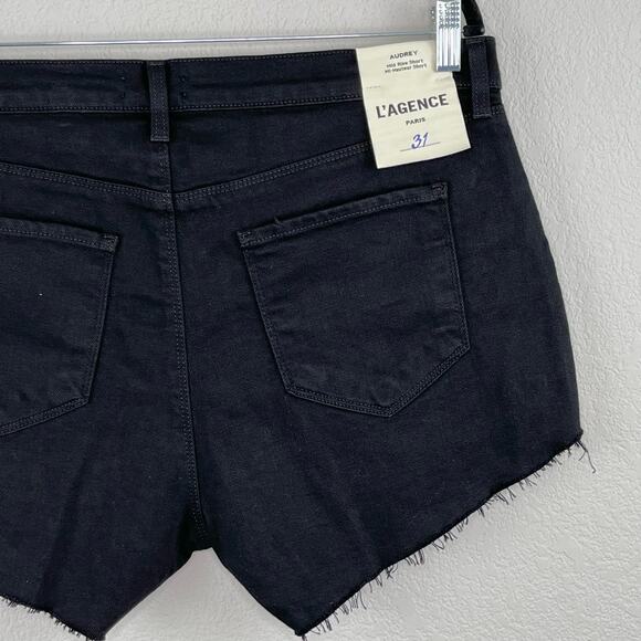 L’Agence Audrey Black Mid Rise Raw Hem Denim Jean Cutoff Shorts Size 31 NWT - Picture 11 of 15
